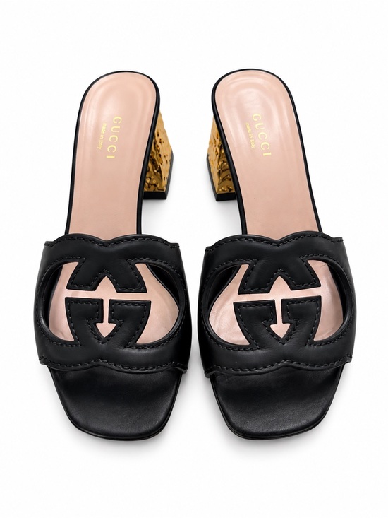 Gucci Shoes - Gucci Black Leather GG Cutout Mule with Gold Block Heel